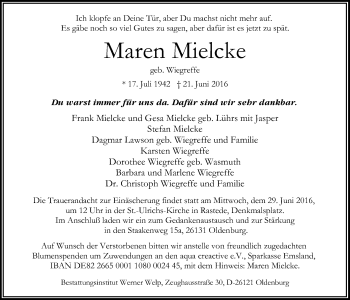 Traueranzeige von Maren Mielcke von Nordwest-Zeitung