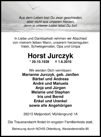 Traueranzeige von Horst Jurczyk von Nordwest-Zeitung
