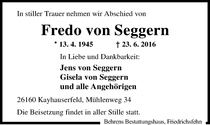 Traueranzeige für Fredo von Seggern vom 29.06.2016 aus Nordwest-Zeitung