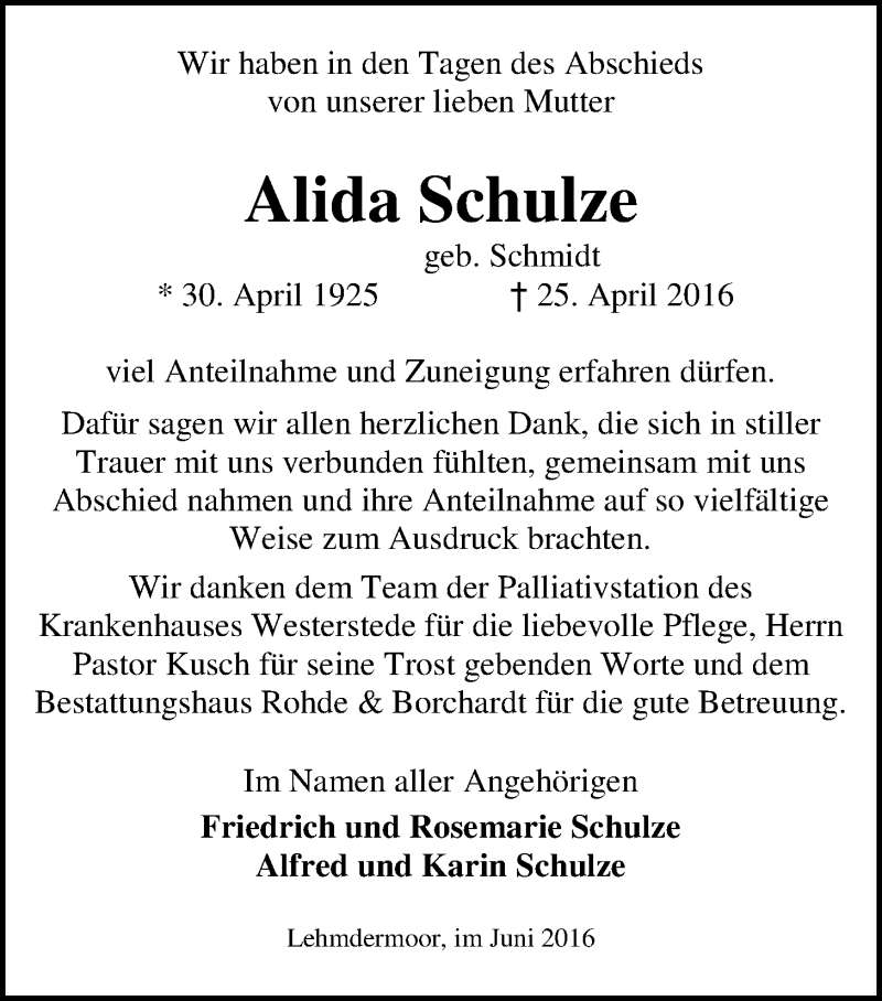  Traueranzeige für Alida Schulze vom 11.06.2016 aus Nordwest-Zeitung