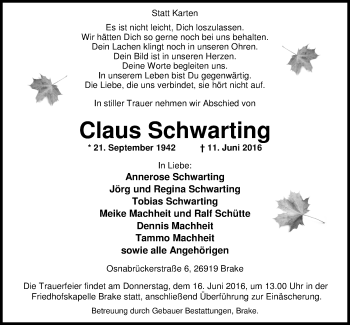 Traueranzeige von Claus Schwarting von Nordwest-Zeitung
