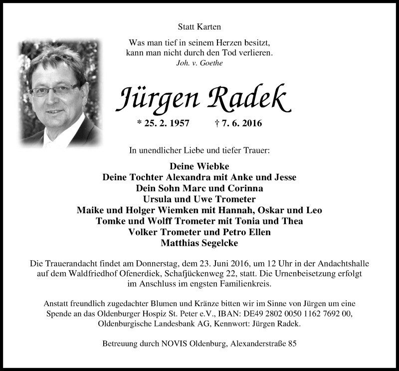  Traueranzeige für Jürgen Radek vom 18.06.2016 aus Nordwest-Zeitung