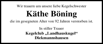 Traueranzeige von Käthe Böning von Nordwest-Zeitung