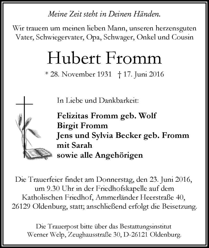  Traueranzeige für Hubert Fromm vom 20.06.2016 aus Nordwest-Zeitung