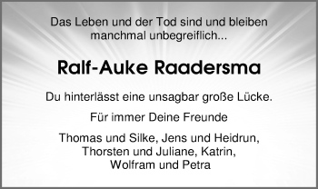 Traueranzeige von Ralf-Auke Raadersma von Nordwest-Zeitung