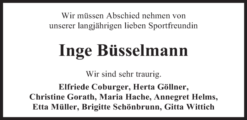  Traueranzeige für Inge Büsselmann vom 10.06.2016 aus Nordwest-Zeitung
