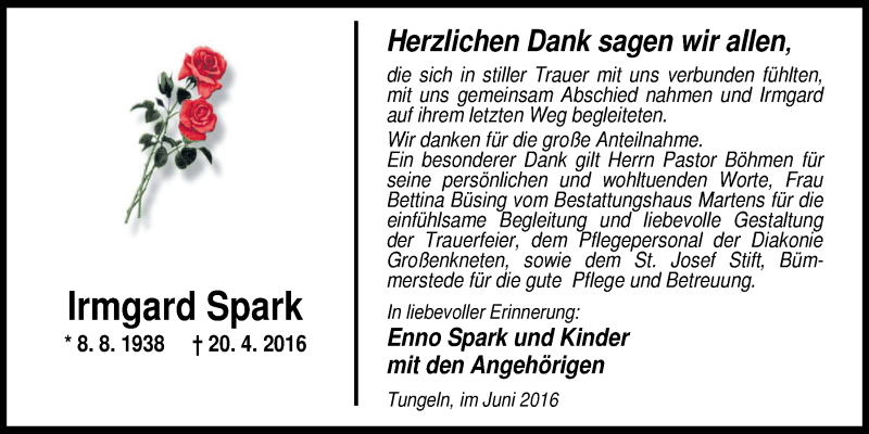  Traueranzeige für Irmgard Spark vom 11.06.2016 aus Nordwest-Zeitung