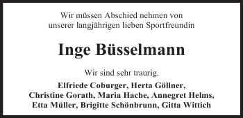 Traueranzeige von Inge Büsselmann von Nordwest-Zeitung