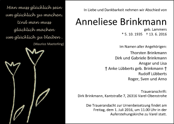 Traueranzeige von Anneliese Brinkmann von Nordwest-Zeitung