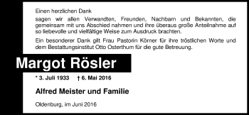 Traueranzeige von Margot Rösler von Nordwest-Zeitung