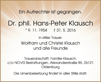 Traueranzeige von Dr. phil. Hans-Peter Klausch Klausch von Nordwest-Zeitung