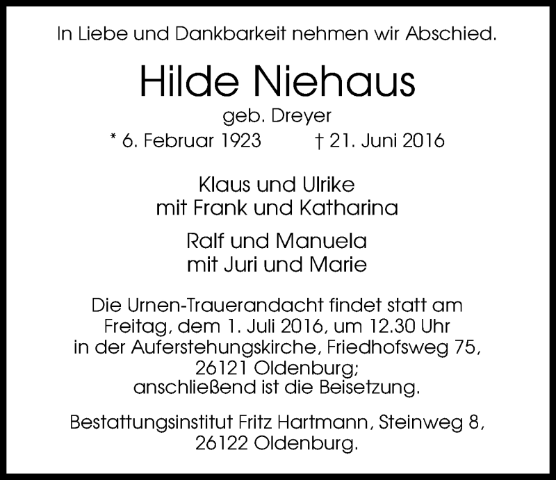  Traueranzeige für Hilde Niehaus vom 25.06.2016 aus Nordwest-Zeitung