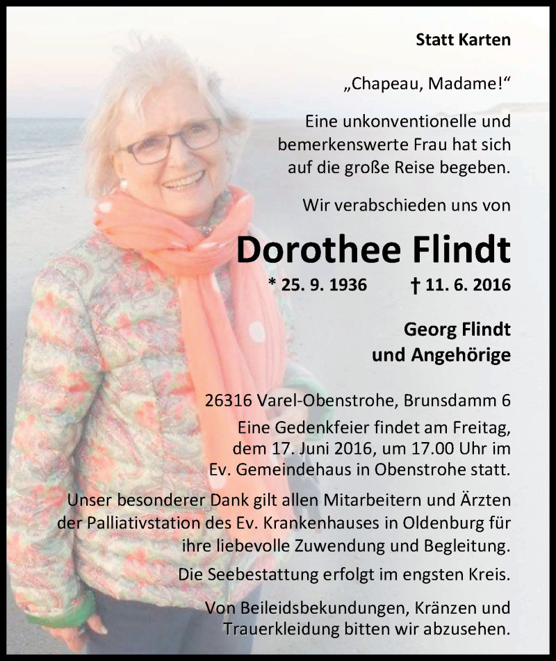  Traueranzeige für Dorothee Flindt vom 14.06.2016 aus Nordwest-Zeitung