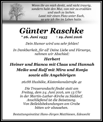Traueranzeige von Günter Raschke von Nordwest-Zeitung