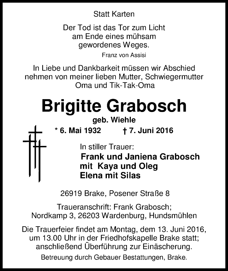  Traueranzeige für Brigitte Grabosch vom 10.06.2016 aus Nordwest-Zeitung