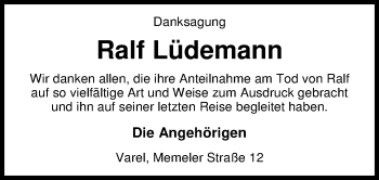 Traueranzeige von Ralf Lüdemann von Nordwest-Zeitung