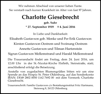 Traueranzeige von Charlotte Giesebrecht von Nordwest-Zeitung