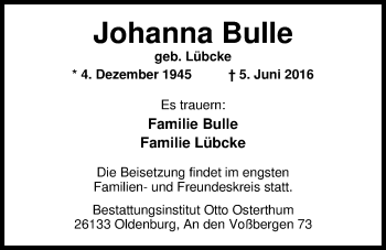 Traueranzeige von Johanna Bulle von Nordwest-Zeitung