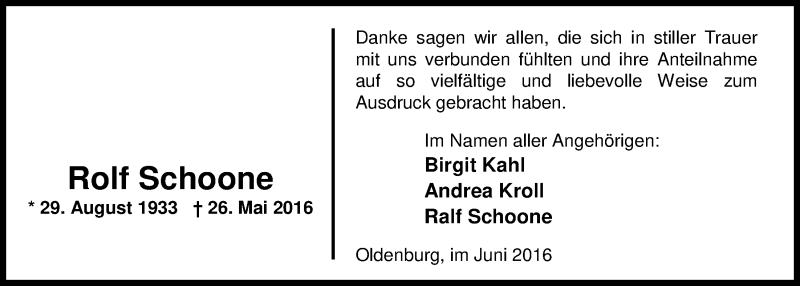  Traueranzeige für Rolf Schoone vom 18.06.2016 aus Nordwest-Zeitung