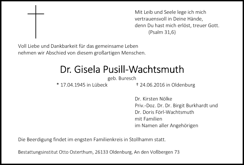 Traueranzeige für Dr. Gisela Pusill-Wachtsmuth vom 30.06.2016 aus Nordwest-Zeitung