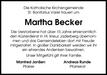 Traueranzeige von Martha Becker von Nordwest-Zeitung