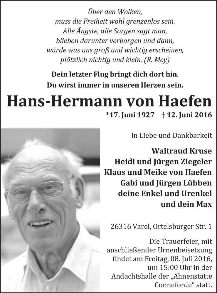  Traueranzeige für Hans-Hermann von Haefen vom 25.06.2016 aus Nordwest-Zeitung