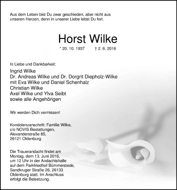 Traueranzeige von Horst Wilke von Nordwest-Zeitung