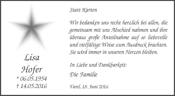 Traueranzeige von Lisa Hofer von Nordwest-Zeitung