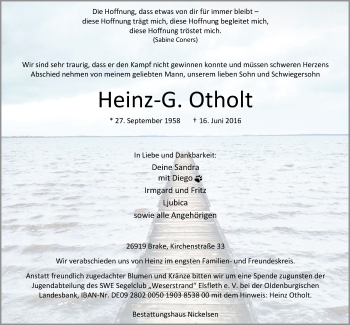 Traueranzeige von Heinz-G. Otholt von Nordwest-Zeitung