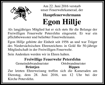 Traueranzeige von Egon Hillje von Nordwest-Zeitung