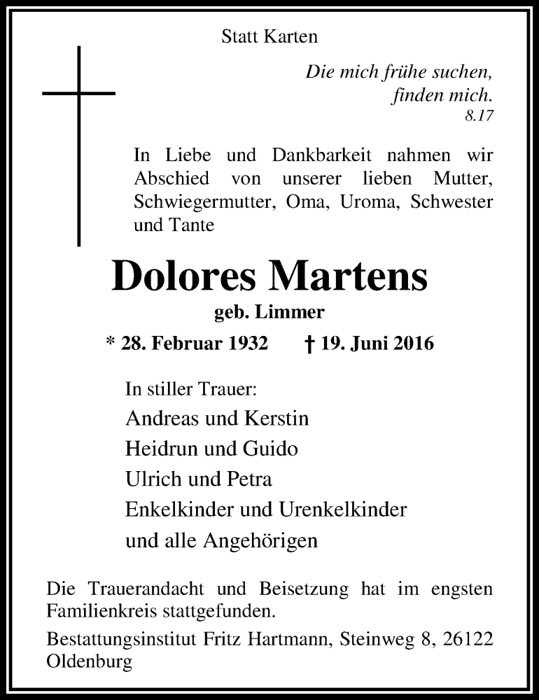  Traueranzeige für Dolores Martens vom 25.06.2016 aus Nordwest-Zeitung