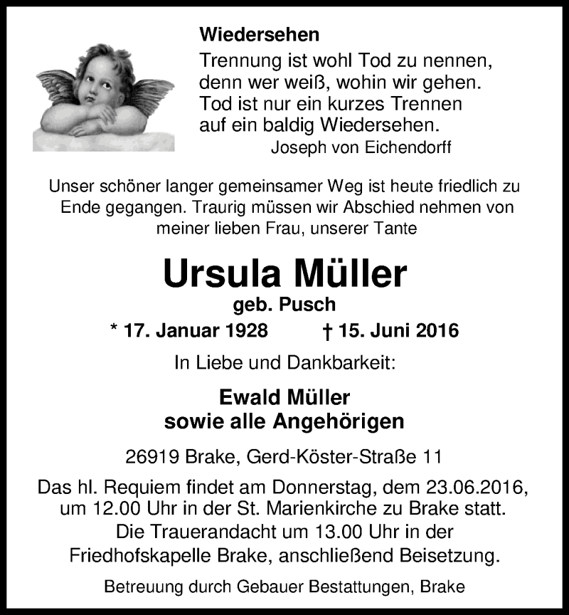  Traueranzeige für Ursula Müller vom 18.06.2016 aus Nordwest-Zeitung