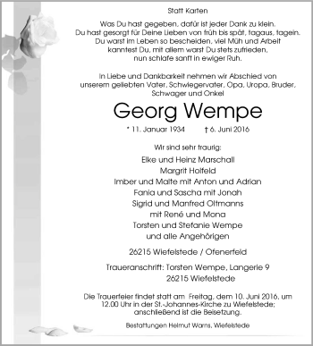 Traueranzeige von Georg Wempe von Nordwest-Zeitung