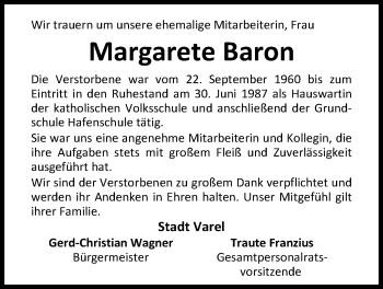 Traueranzeige von Margarete Baron von Nordwest-Zeitung