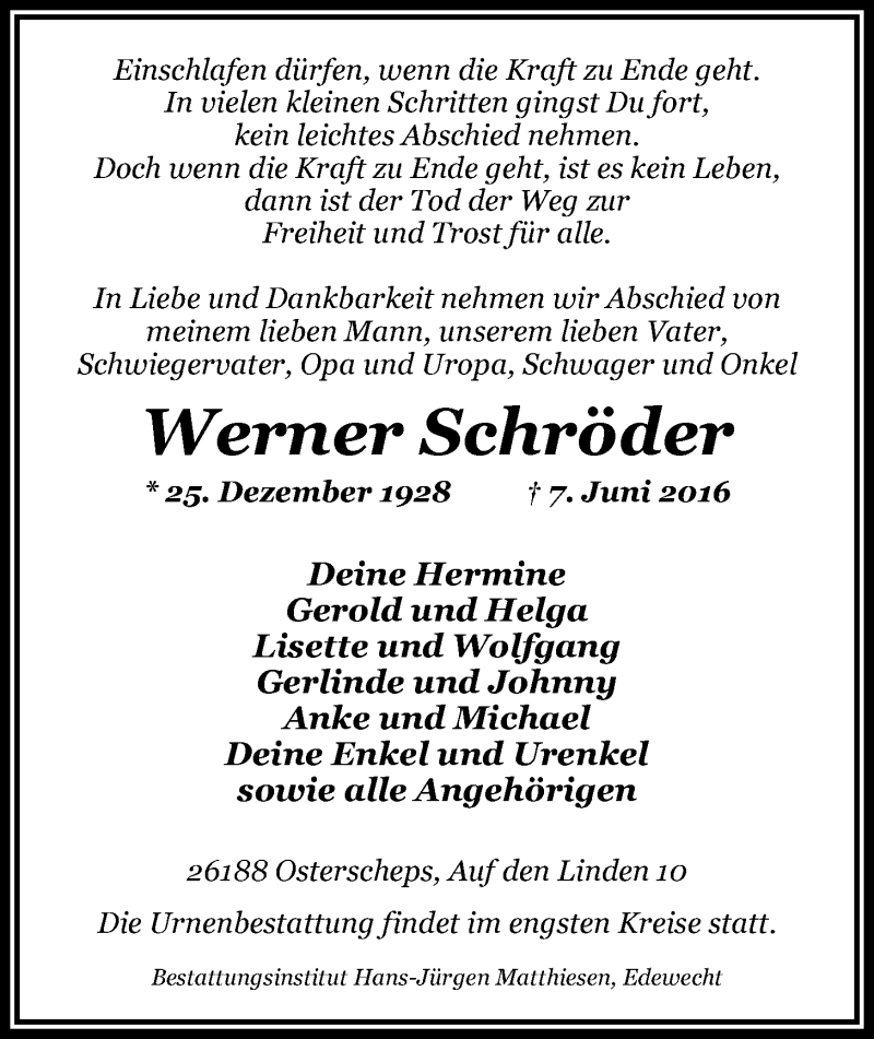  Traueranzeige für Werner Schröder vom 11.06.2016 aus Nordwest-Zeitung