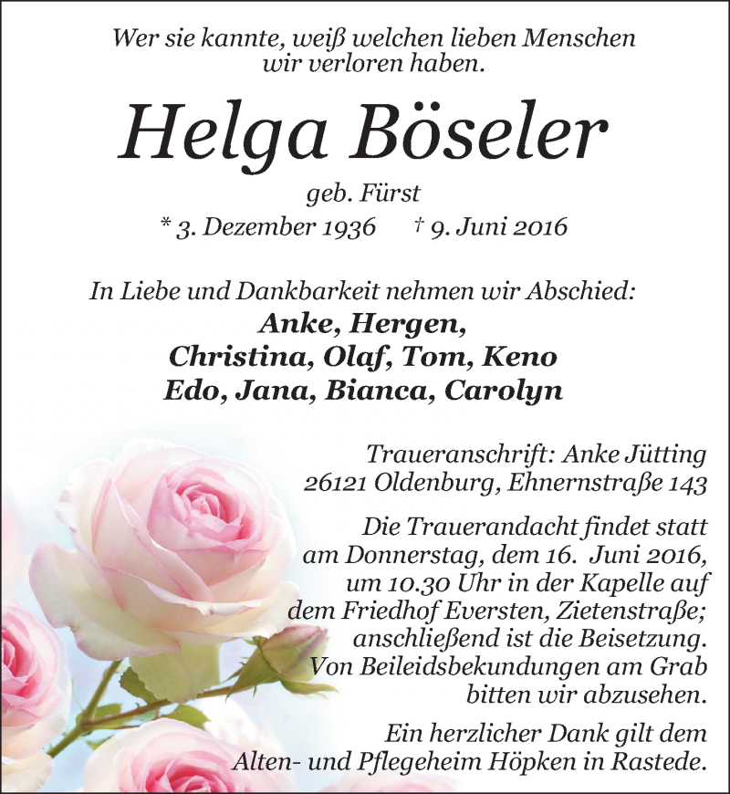  Traueranzeige für Helga Böseler vom 11.06.2016 aus Nordwest-Zeitung