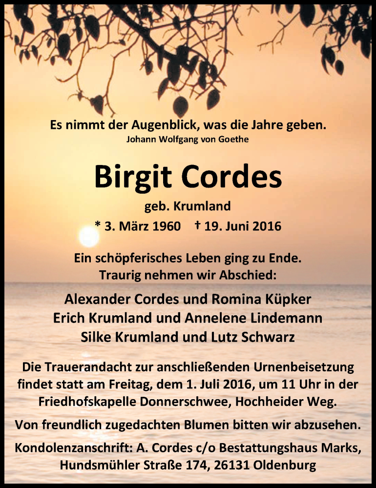  Traueranzeige für Birgit Cordes vom 25.06.2016 aus Nordwest-Zeitung