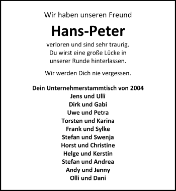 Traueranzeige von Hans-Peter Henniges von Nordwest-Zeitung