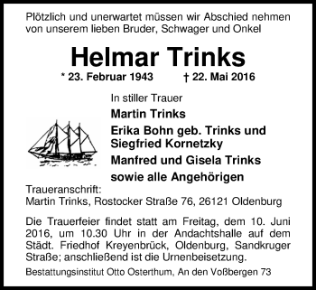 Traueranzeige von Helmar Trinks von Nordwest-Zeitung