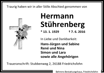 Traueranzeige von Hermann Stührenberg von Nordwest-Zeitung