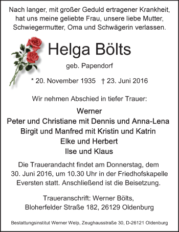 Traueranzeige von Helga Bölts von Nordwest-Zeitung
