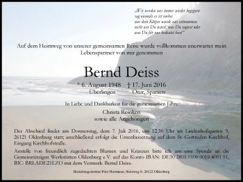 Traueranzeige von Bernd Deiss von Nordwest-Zeitung