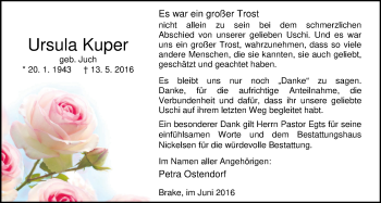 Traueranzeige von Ursula Kuper von Nordwest-Zeitung