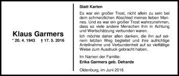 Traueranzeige von Klaus Garmers von Nordwest-Zeitung