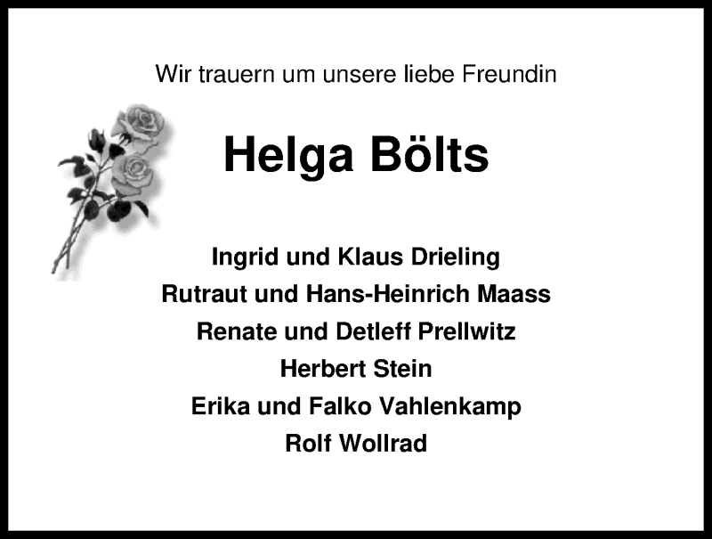  Traueranzeige für Helga Bölts vom 29.06.2016 aus Nordwest-Zeitung
