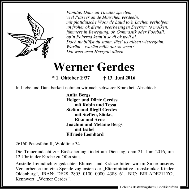  Traueranzeige für Werner Gerdes vom 17.06.2016 aus Nordwest-Zeitung