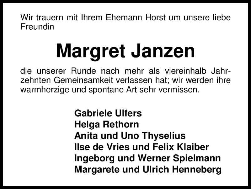  Traueranzeige für Margret Janzen vom 08.06.2016 aus Nordwest-Zeitung