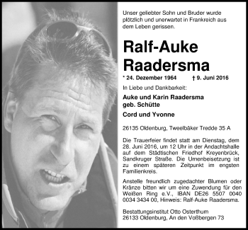 Traueranzeige von Ralf-Auke Raadersma von Nordwest-Zeitung