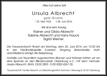 Traueranzeige von Ursula Albrecht von Nordwest-Zeitung