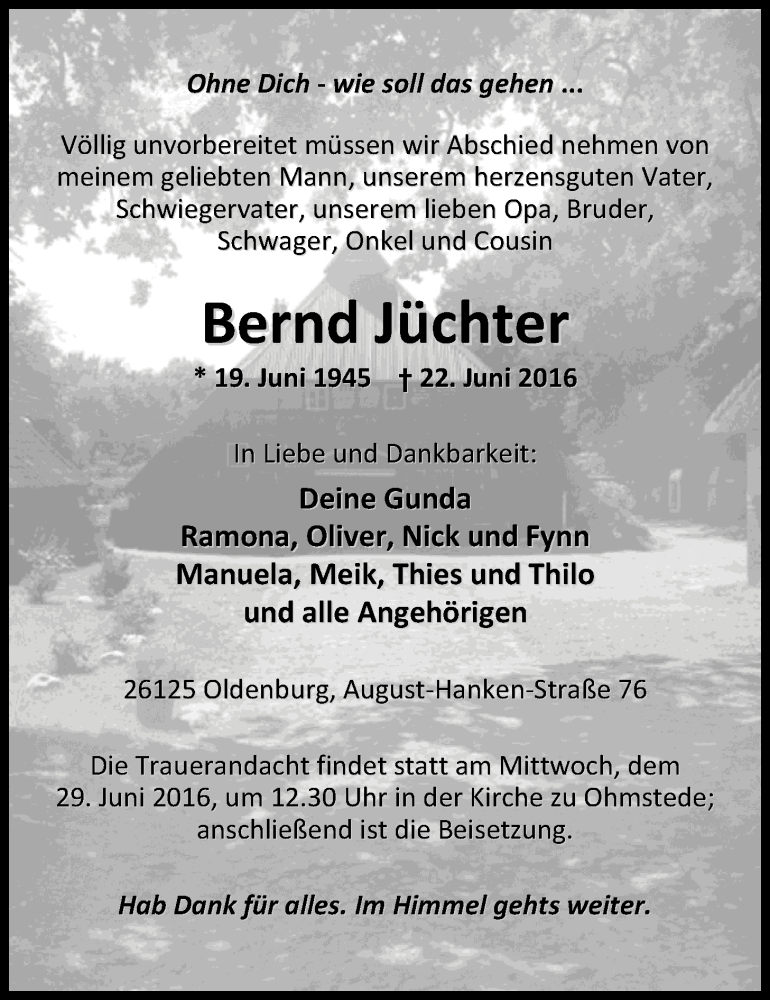  Traueranzeige für Bernd Jüchter vom 25.06.2016 aus Nordwest-Zeitung